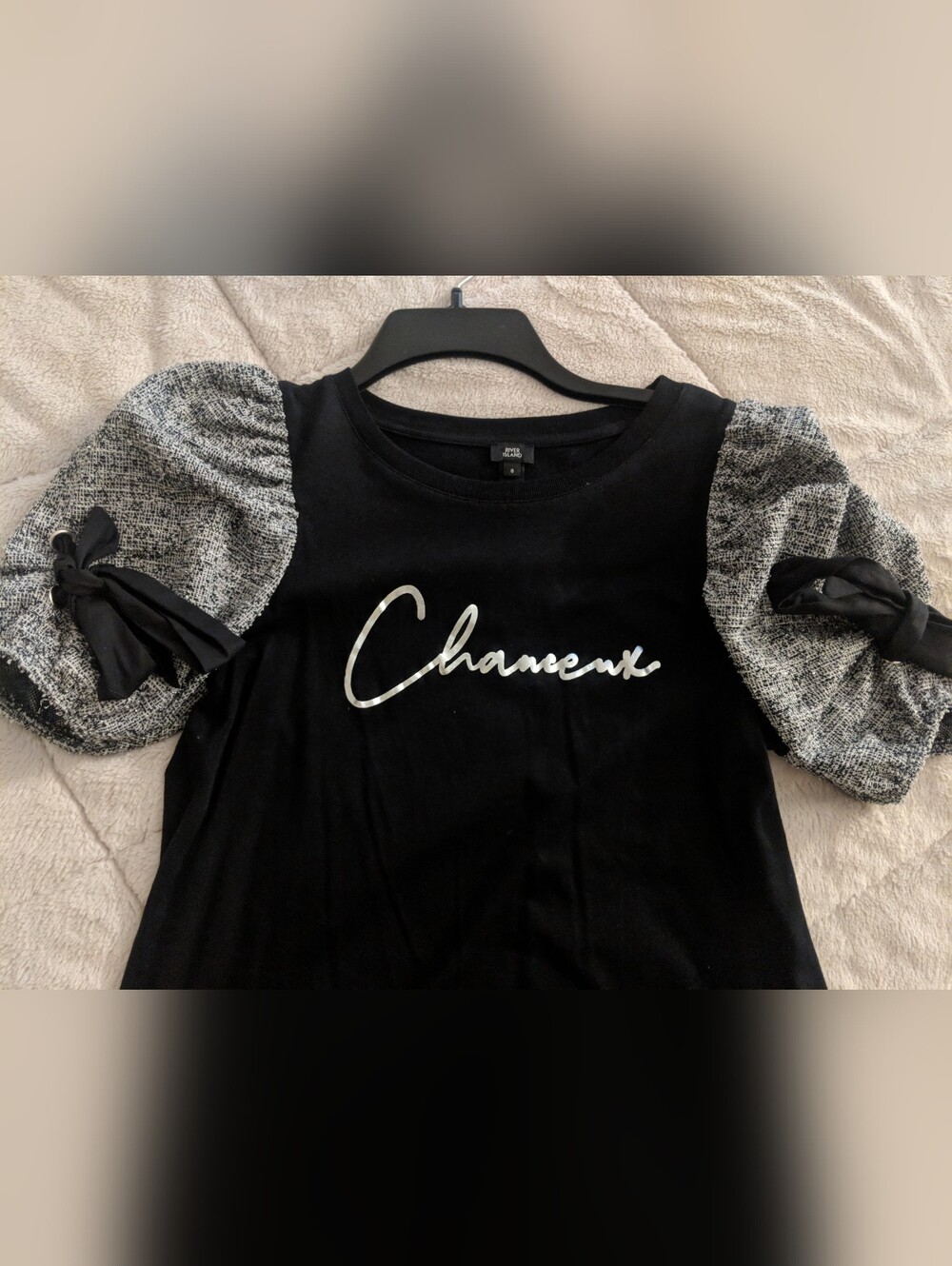 River Island Black Tee with Gray Puff Contrast Sleeves